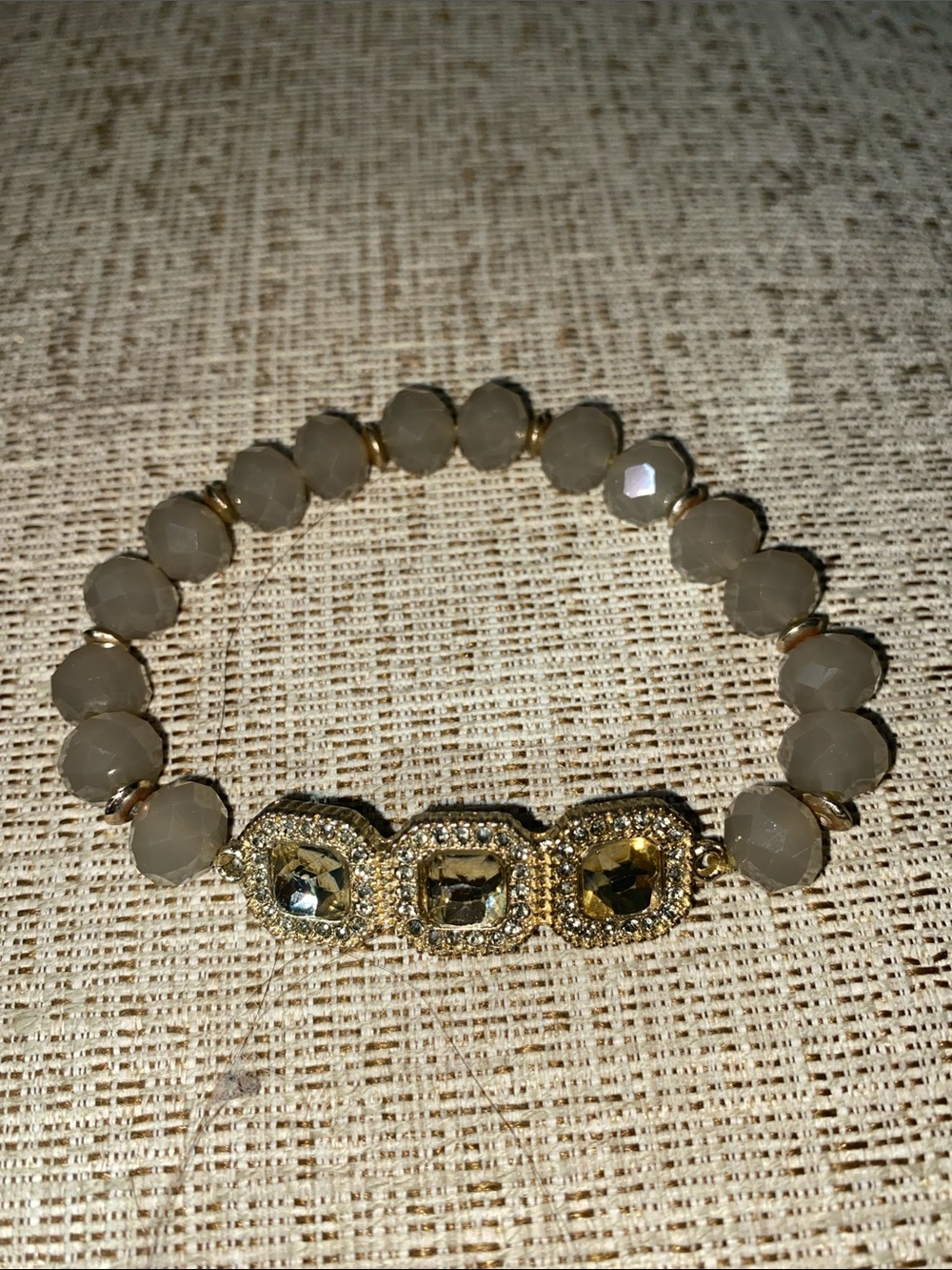 Gold and Taupe Beaded Bracelet with Crystal Accents